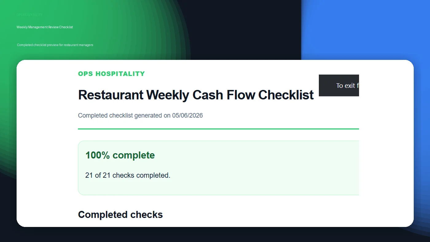 Weekly restaurant management review checklist completed version for cash flow and operations review